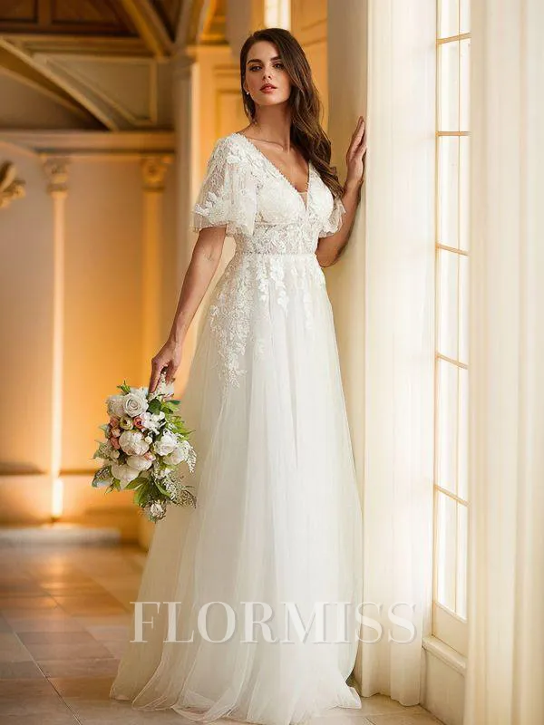 A-Line/Princess Tulle Lace V-neck Short Sleeves Floor-Length Wedding Dresses
