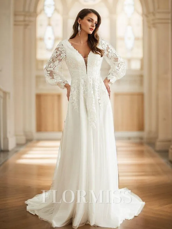 A-Line/Princess Tulle Lace V-neck Long Sleeves Court Train Wedding Dresses