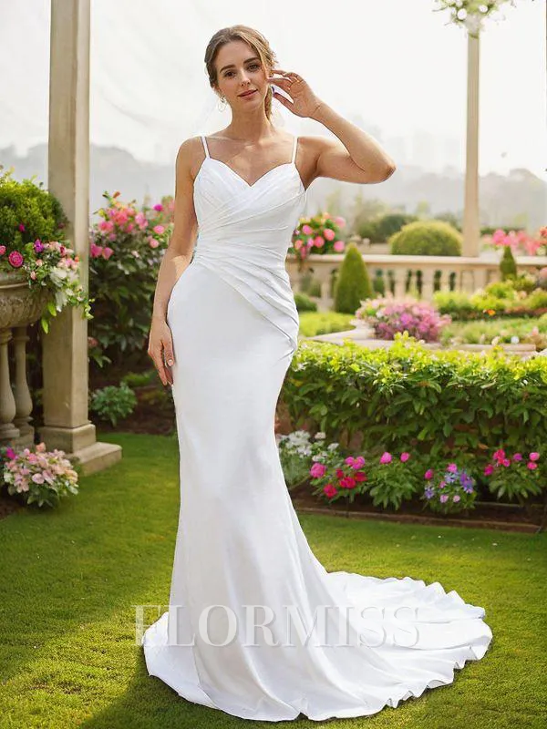 Sheath/Column Charmeuse Ruched V-neck Sleeveless Court Train Wedding Dresses