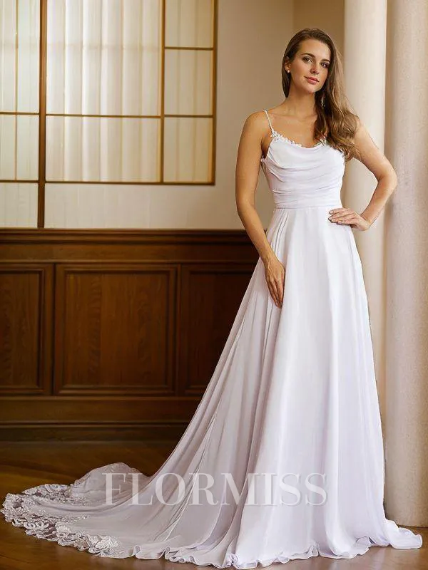 A-Line/Princess Chiffon Lace Spaghetti Straps Sleeveless Chapel Train Wedding Dresses