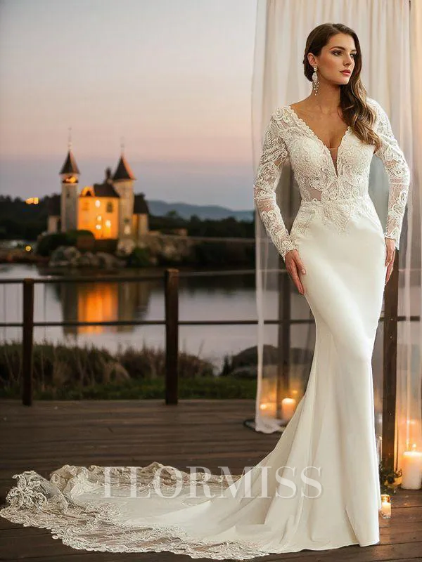 Sheath/Column Stretch Crepe Lace V-neck Long Sleeves Cathedral Train Wedding Dresses