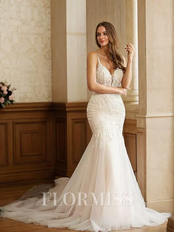 Trumpet/Mermaid Tulle Lace V-neck Sleeveless Cathedral Train Wedding Dresses