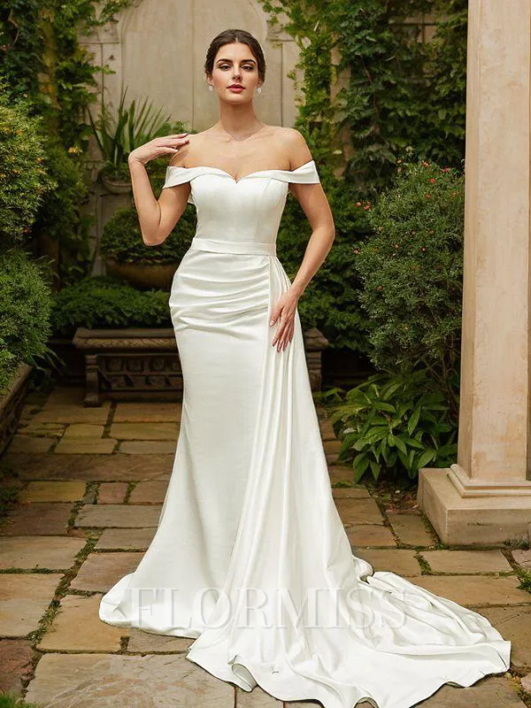 Sheath/Column Charmeuse Ruched Off-the-Shoulder Sleeveless Court Train Wedding Dresses