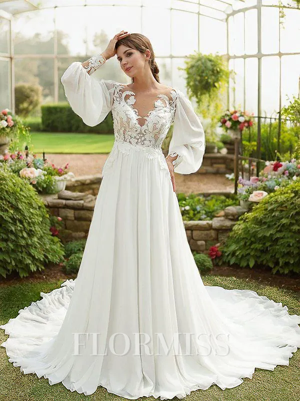 A-Line/Princess Chiffon Applique Scoop Long Sleeves Chapel Train Wedding Dresses
