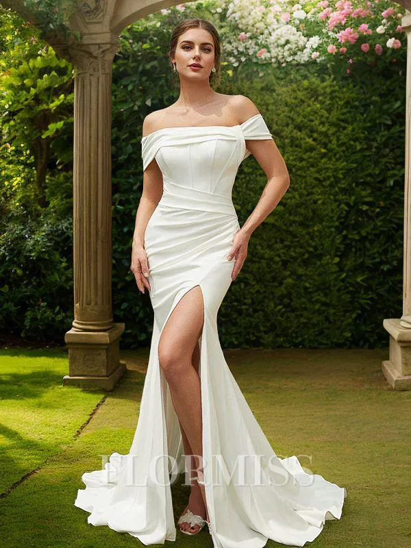 Sheath/Column Stretch Crepe Ruched Off-the-Shoulder Sleeveless Sweep Train Wedding Dresses