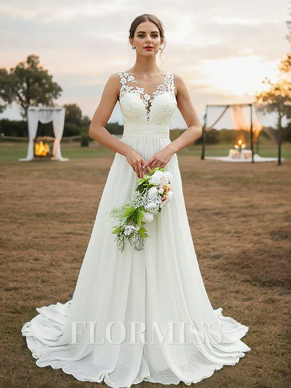 A-Line/Princess Chiffon Lace Scoop Sleeveless Sweep Train Wedding Dresses
