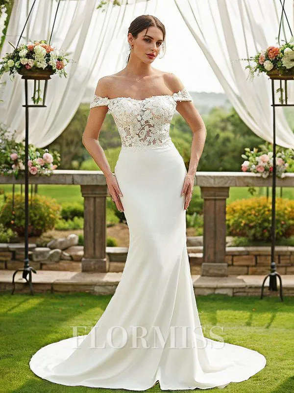 Sheath/Column Stretch Crepe Lace Off-the-Shoulder Sleeveless Court Train Wedding Dresses