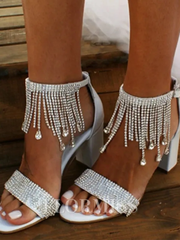 Women's Satin With Rhinestone Peep Toe Chunky Heel Wedding Shoes