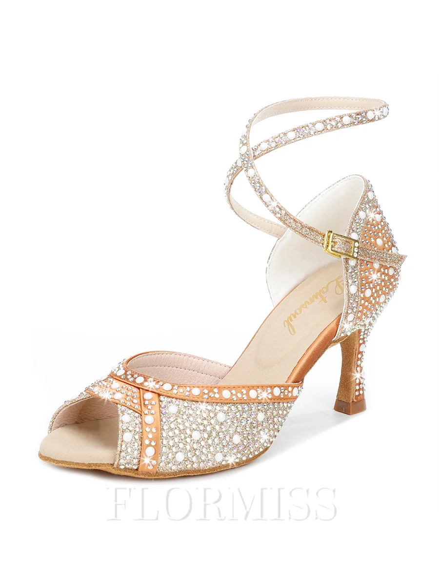 Women's Satin Peep Toe With Rhinestone Stiletto Heel Shoes
