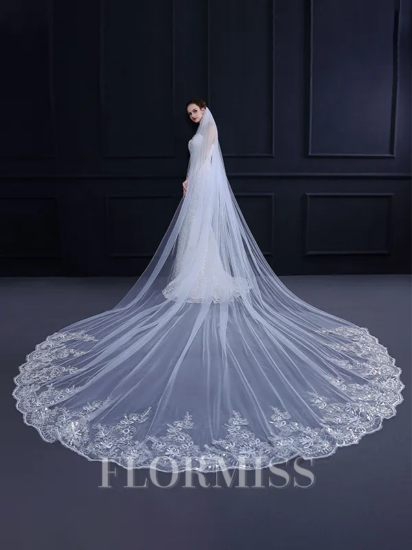Trending Tulle With Lace Long Wedding Veils