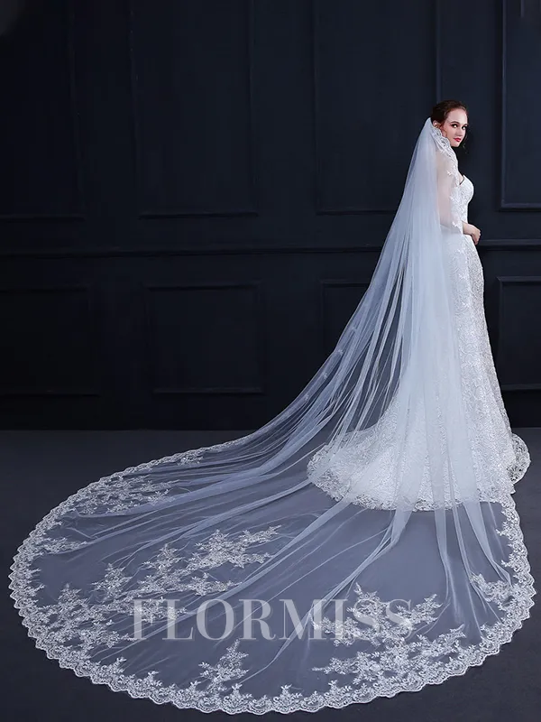 Graceful Tulle One-Tier Cathedral Bridal Veils With Applique