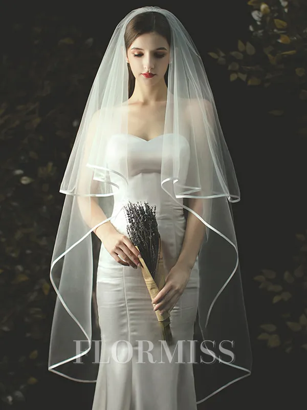 Classic Tulle Two Tier Waltz Wedding Veils With Ribbon Edge