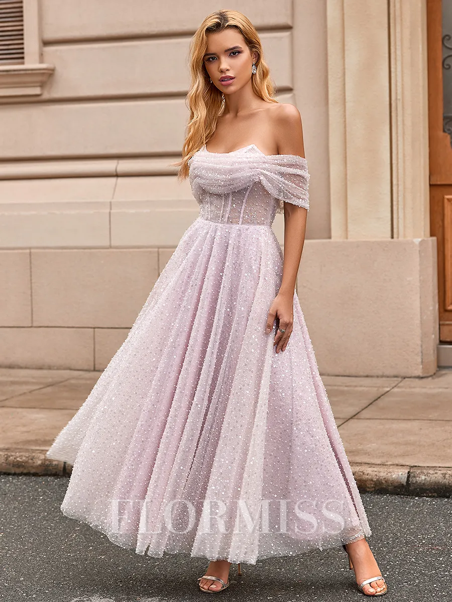 A-line Off-the-Shoulder Pleated Ankle-Length Corset Homecoming Dress