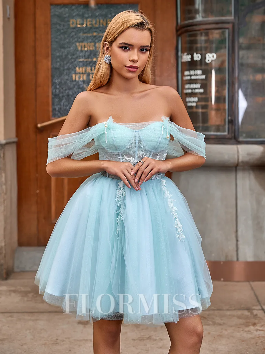 Ball-Gown Off-the-Shoulder Appliques Lace Short/Mini Tulle Corset Homecoming Dress