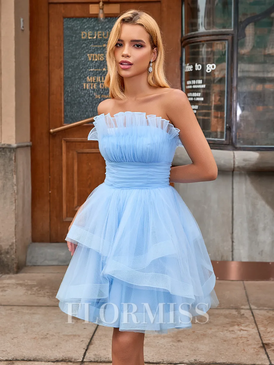 A-line Straight Cascading Ruffles Short/Mini Tulle Homecoming Dress