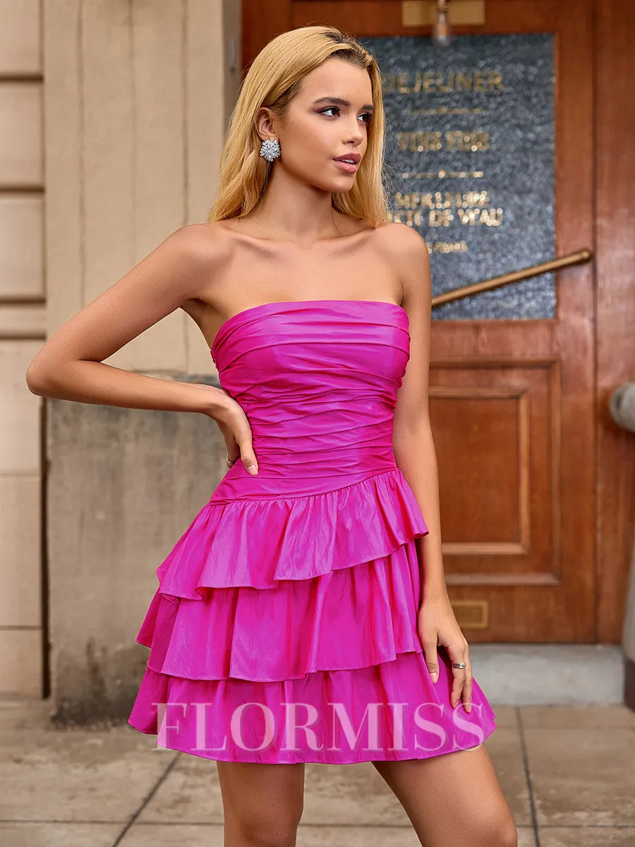 A-line Straight Cascading Ruffles Short/Mini Taffeta Homecoming Dress