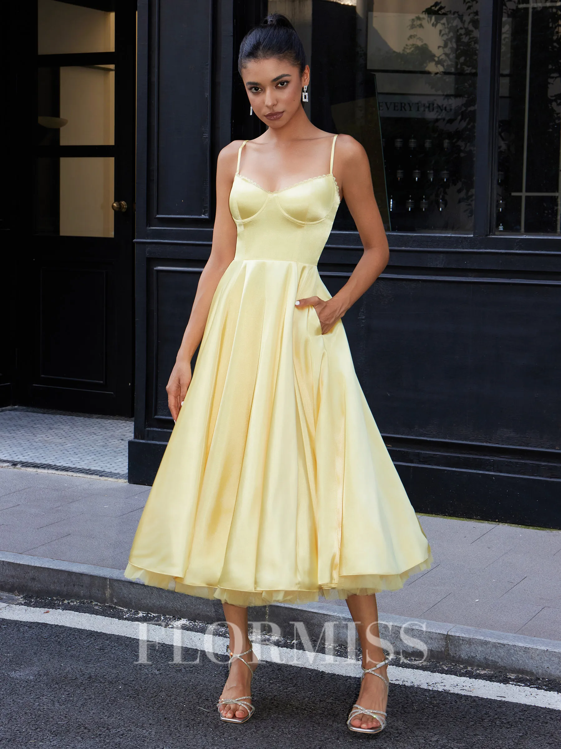 A-line Spaghetti Straps Tea-Length Silk Like Satin Corset Homecoming Dress