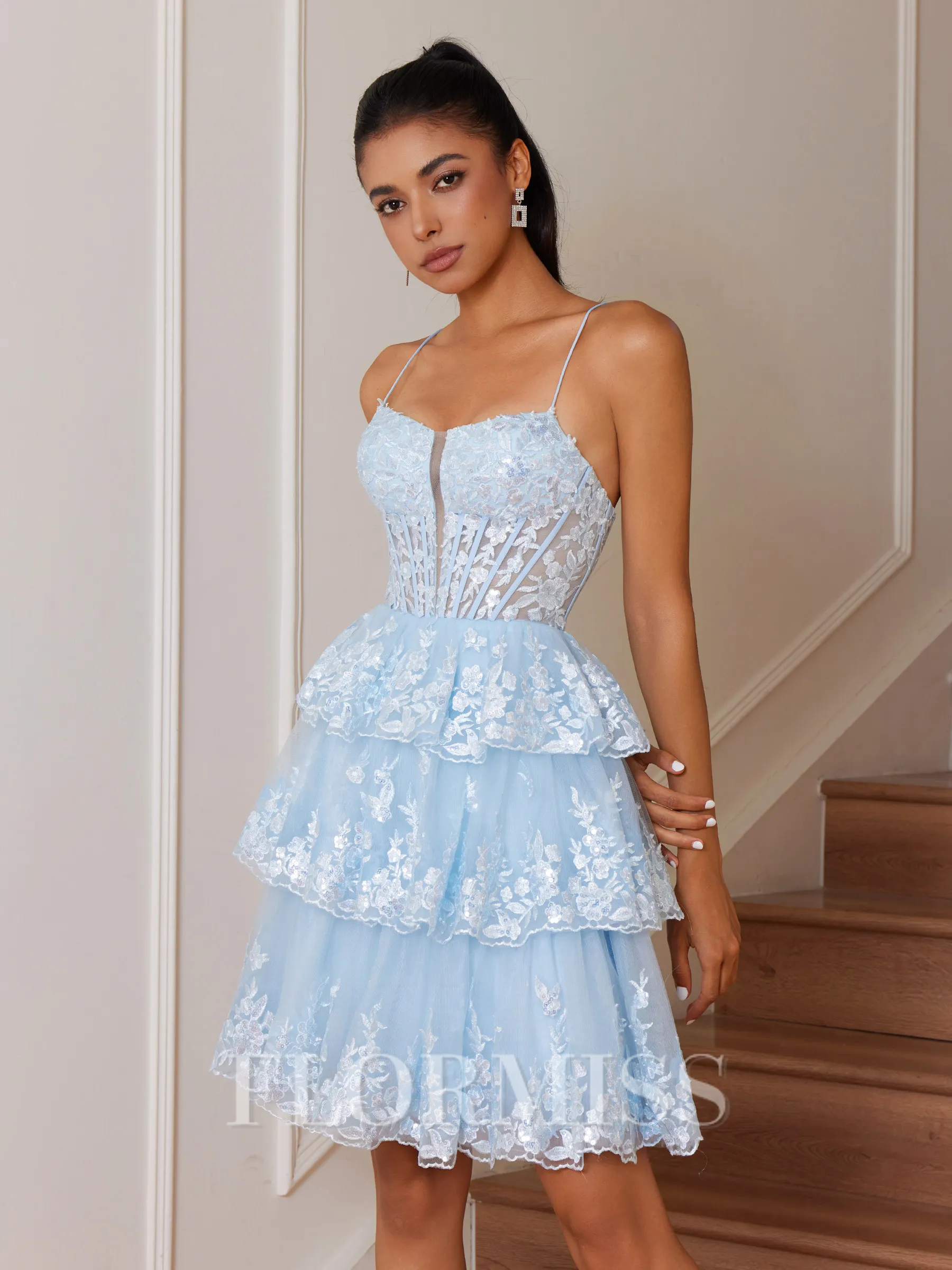 A-line Spaghetti Straps Appliques Lace Short/Mini Tulle Corset Homecoming Dress