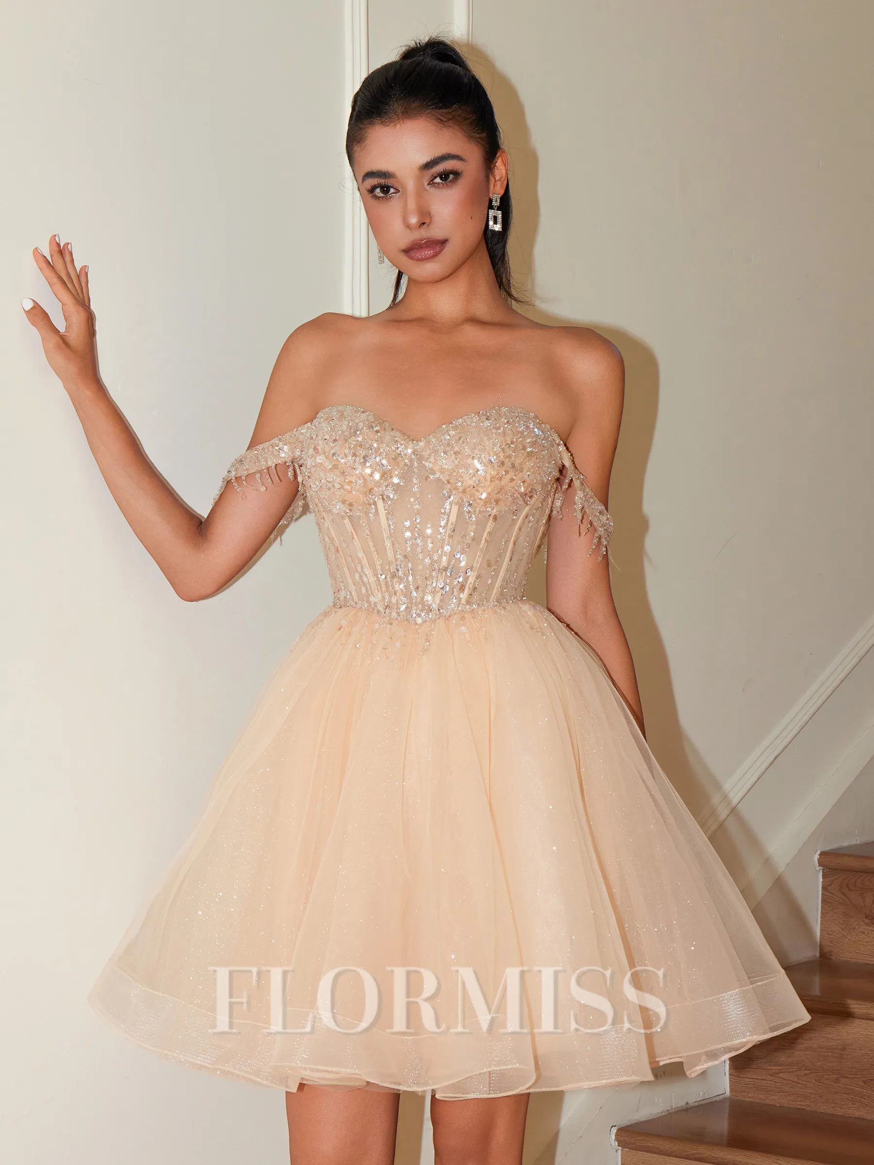A-line Off-the-Shoulder Sequin Short/Mini Organza Corset Homecoming Dress
