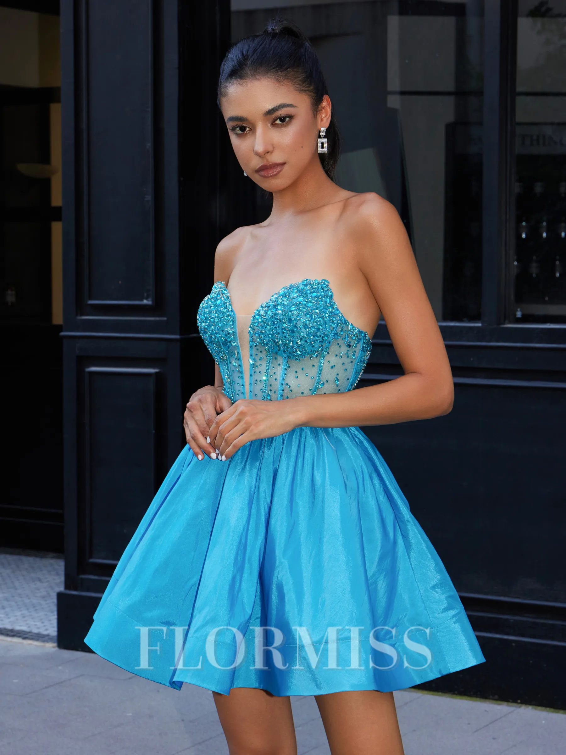 Ball-Gown Sweetheart Beading Short/Mini Taffeta Corset Homecoming Dress
