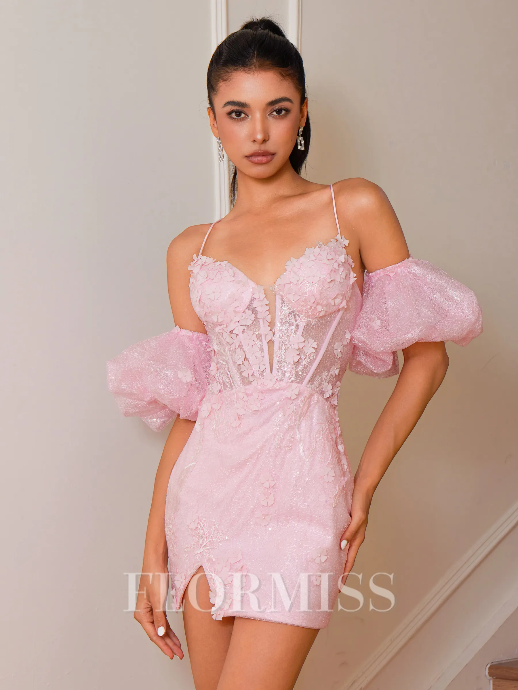 Sheath Spaghetti Straps Short Sleeves Appliques Lace Short/Mini Corset Homecoming Dress