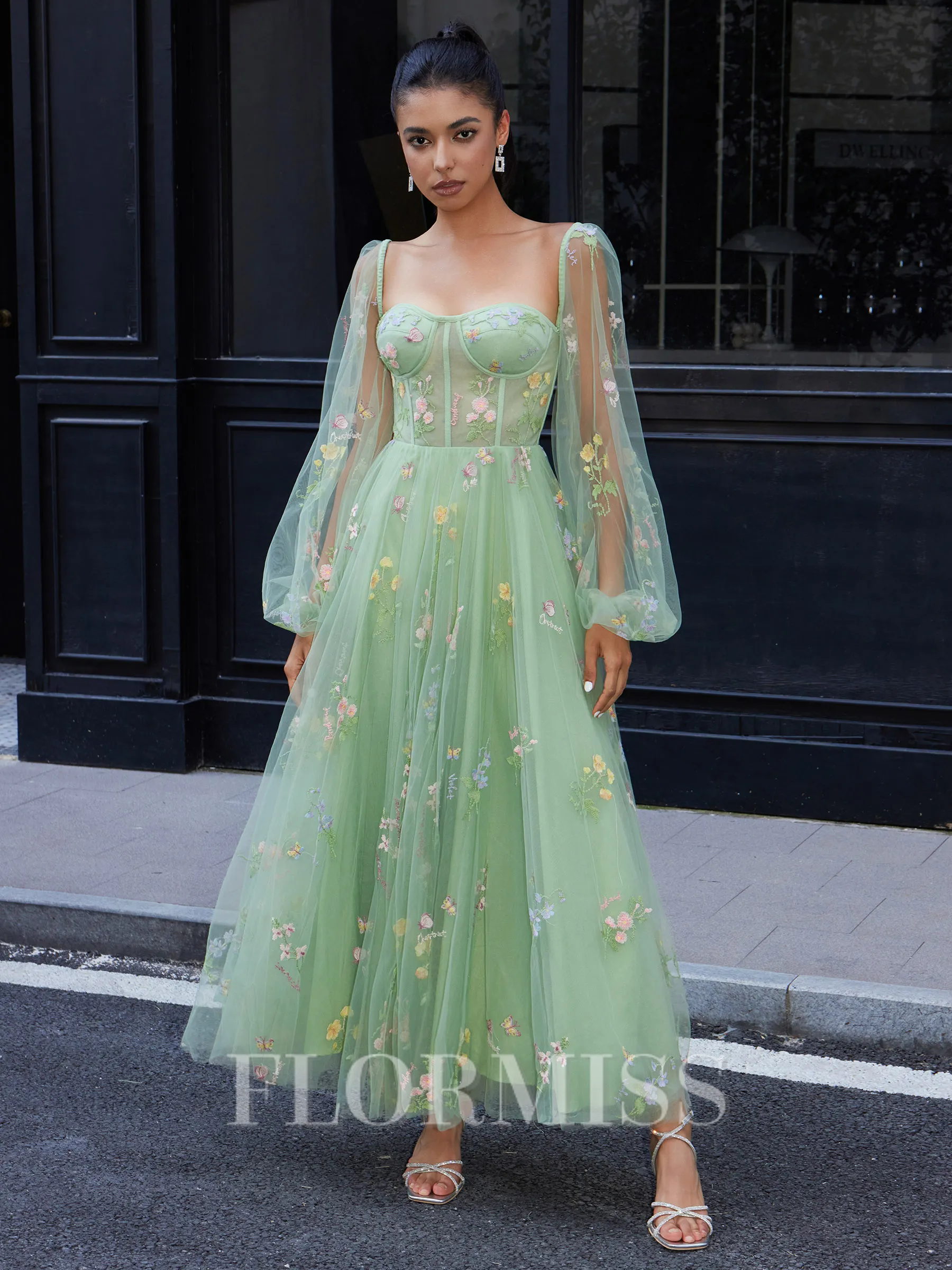 A-line Long Sleeves Lace Sweetheart Flower Corset Tea-Length Homecoming Dress