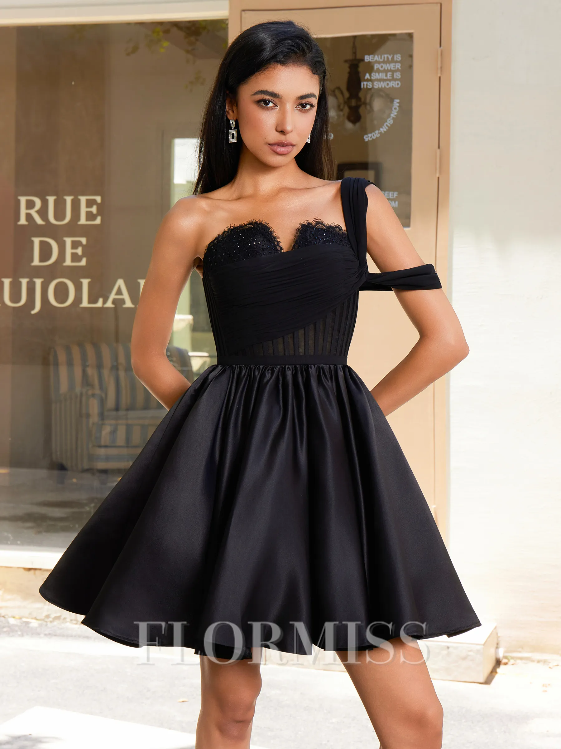 Ball-Gown One-Shoulder Pleated Short/Mini Satin Corset Homecoming Dress