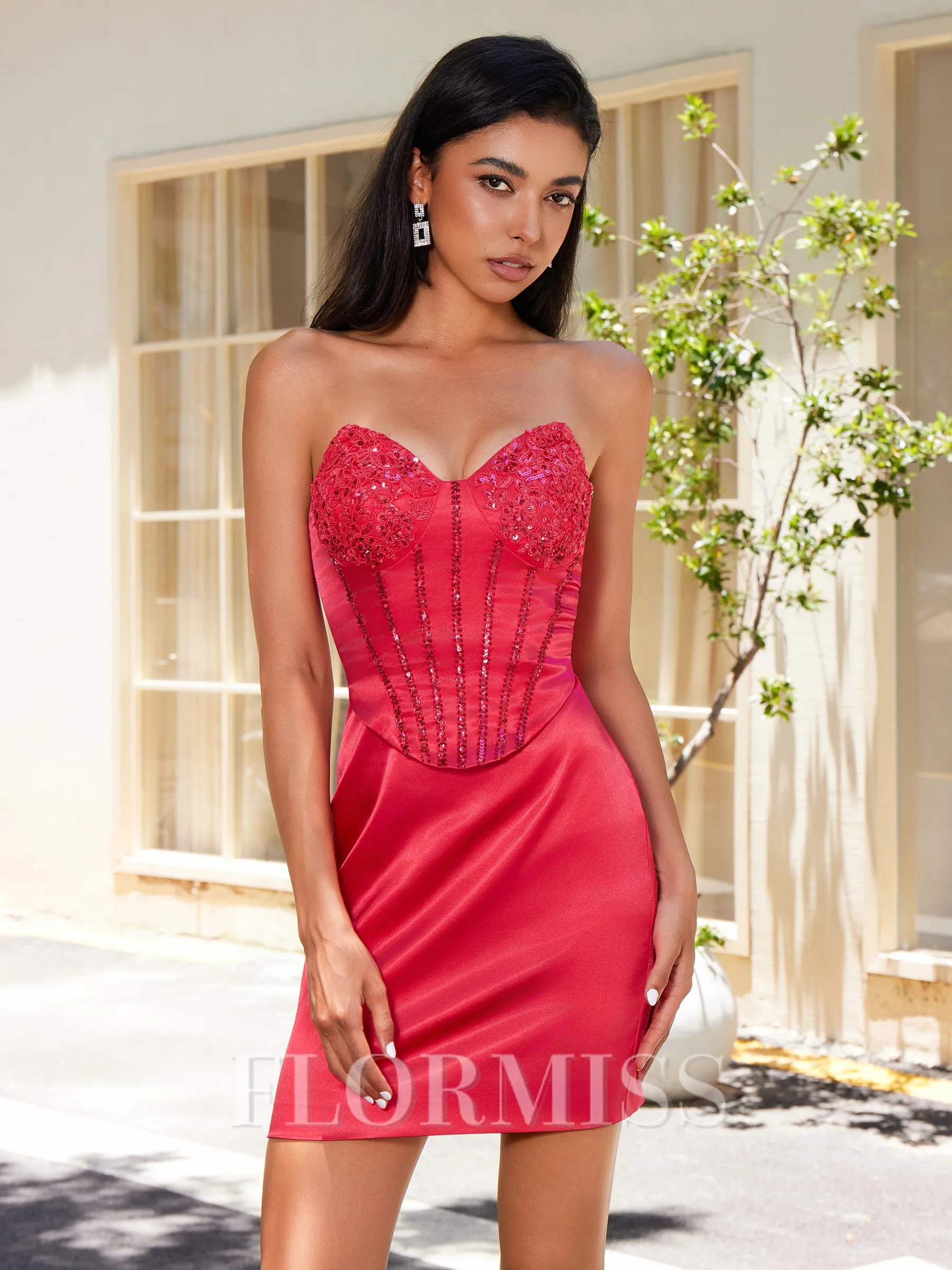 Sheath Sweetheart Appliques Lace Short/Mini Elastic Woven Satin Corset Homecoming Dress
