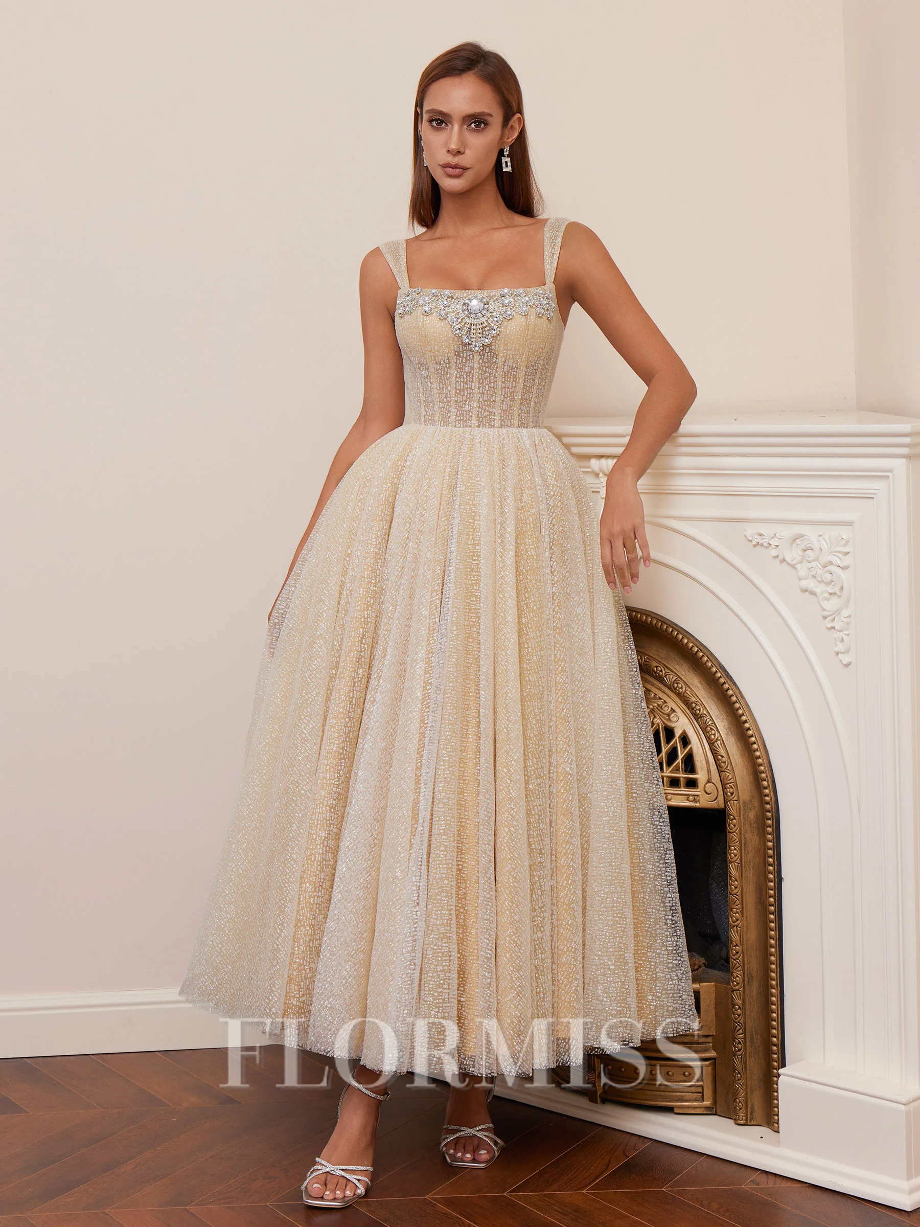 A-line Straps Rhinestone Ankle-Length Corset Homecoming Dress