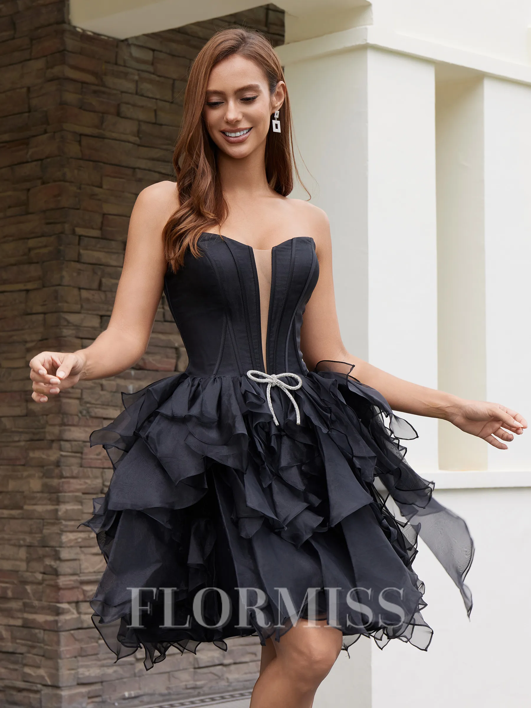 Ball-Gown Straight Cascading Ruffles Short/Mini Organza Corset Homecoming Dress