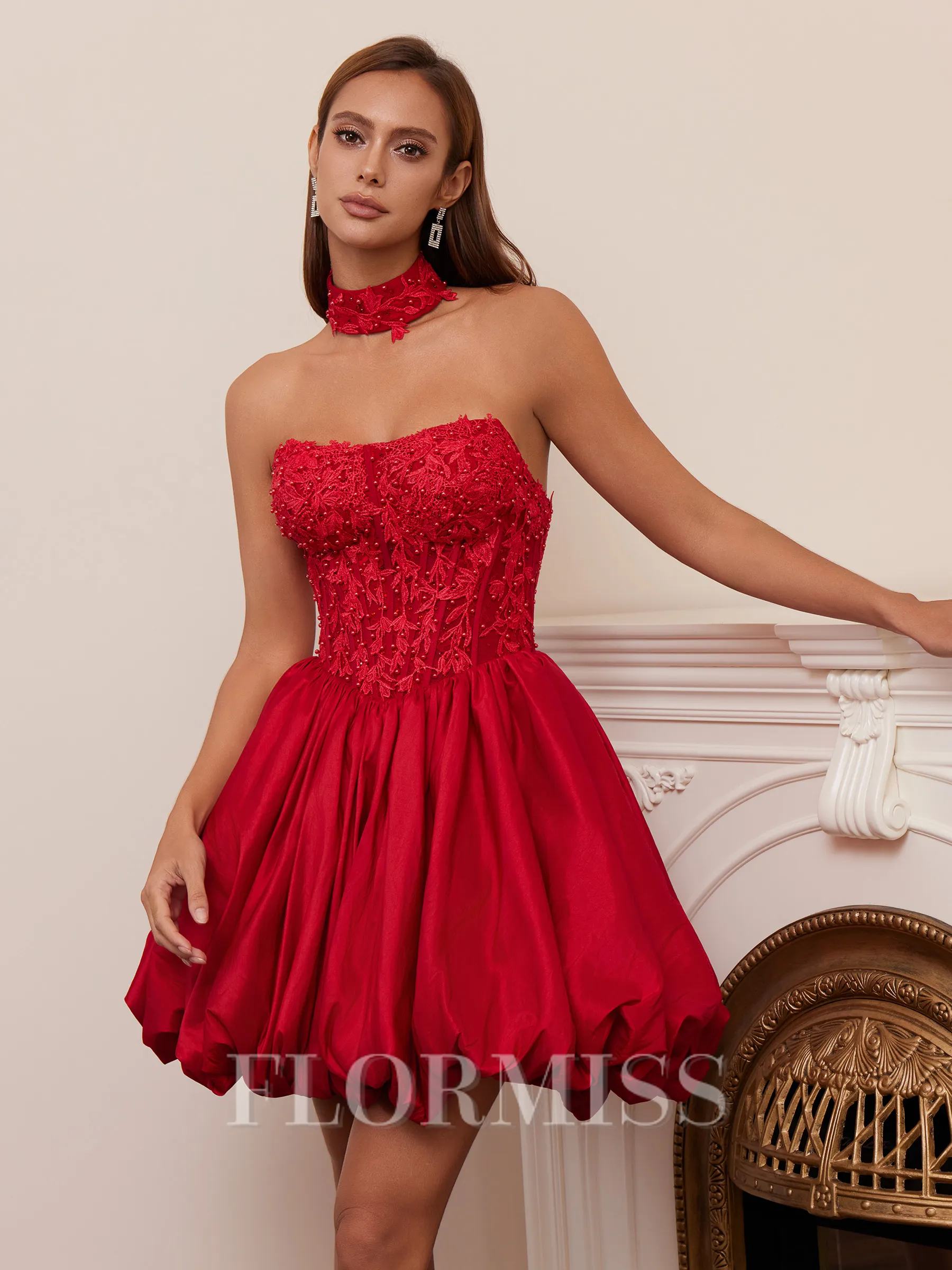 Ball-Gown Straight Appliques Lace Short/Mini Taffeta Corset Homecoming Dress