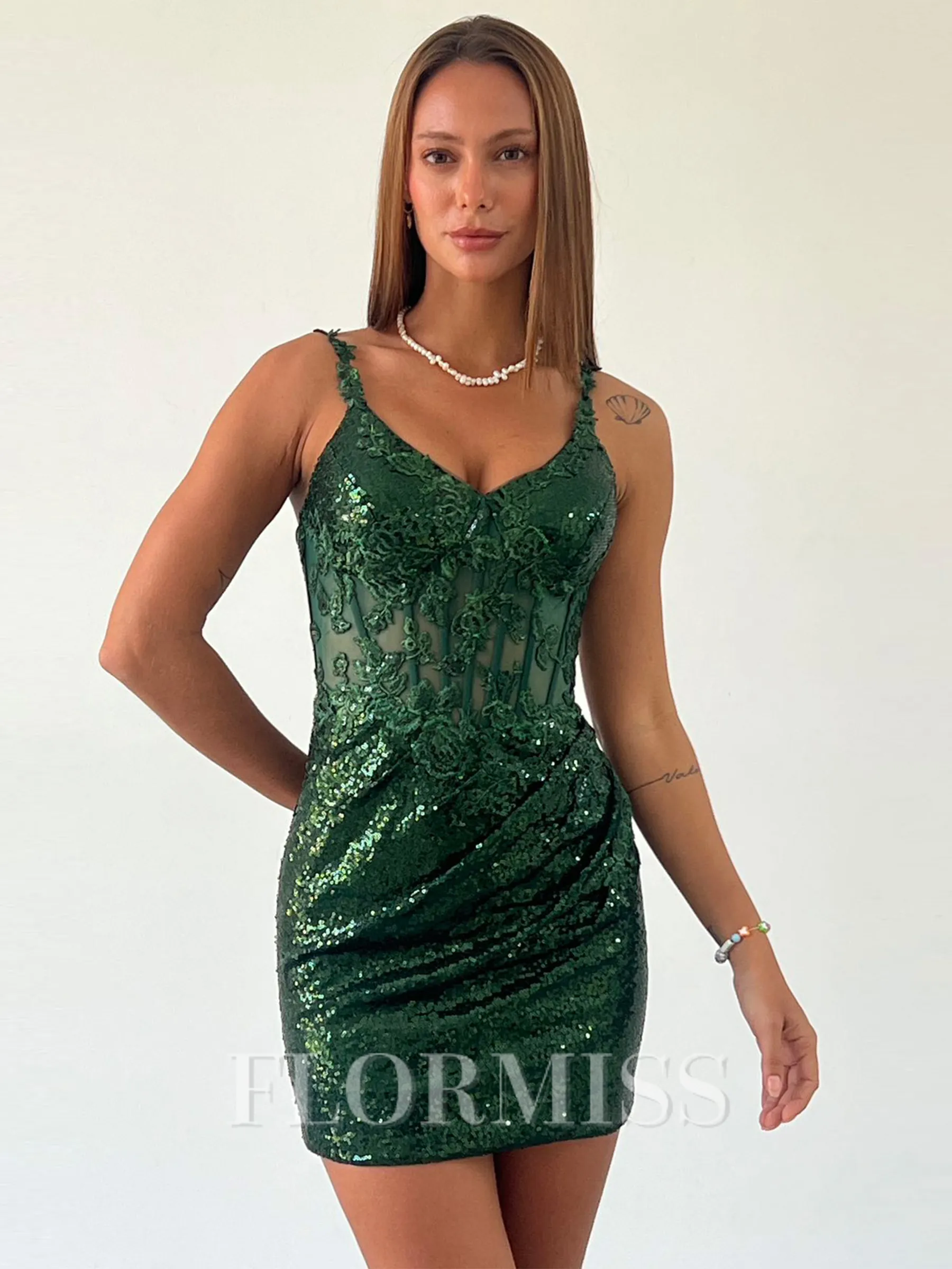 Sheath V-neck Appliques Lace Short/Mini Sequins Corset Homecoming Dress