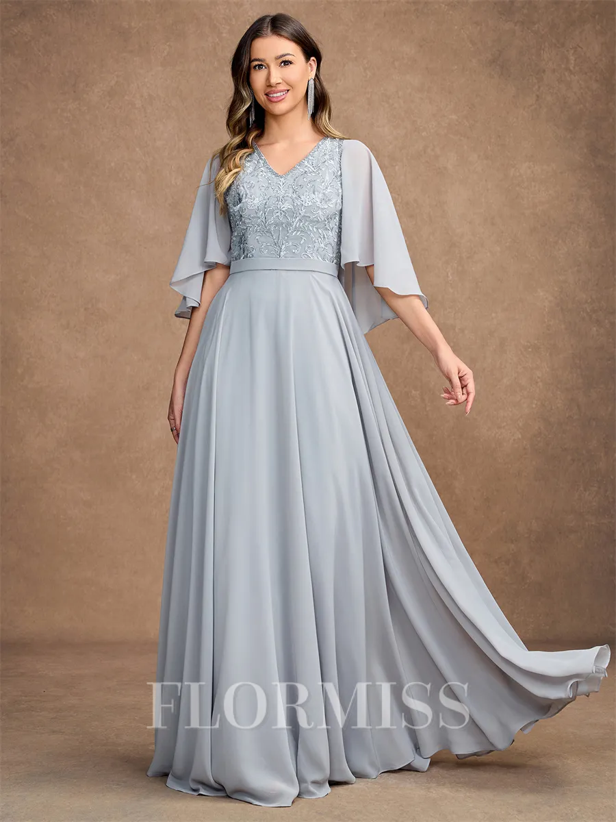 A-Line/Princess Chiffon Applique V-neck 1/2 Sleeves Floor-Length Mother of the Bride Dresses