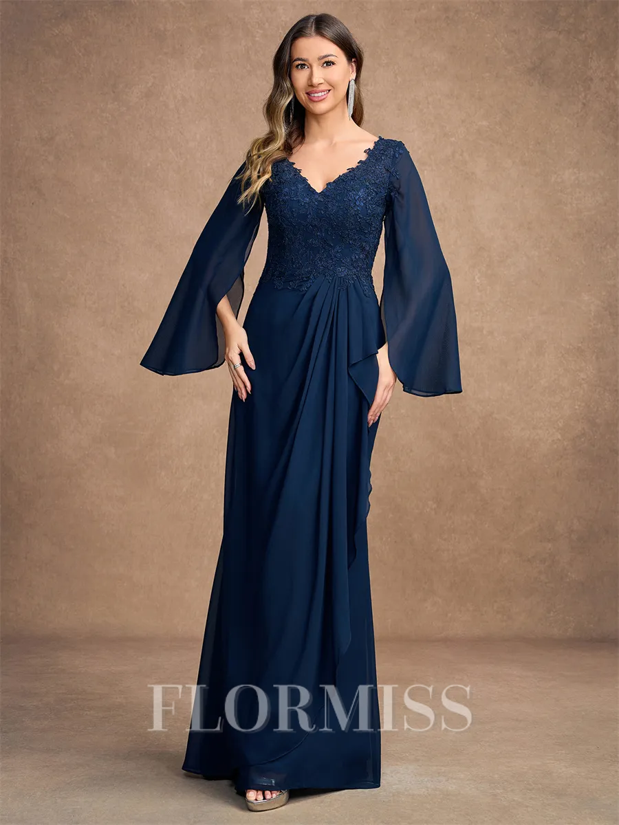 A-Line/Princess Chiffon Applique V-neck Long Sleeves Floor-Length Mother of the Bride Dresses