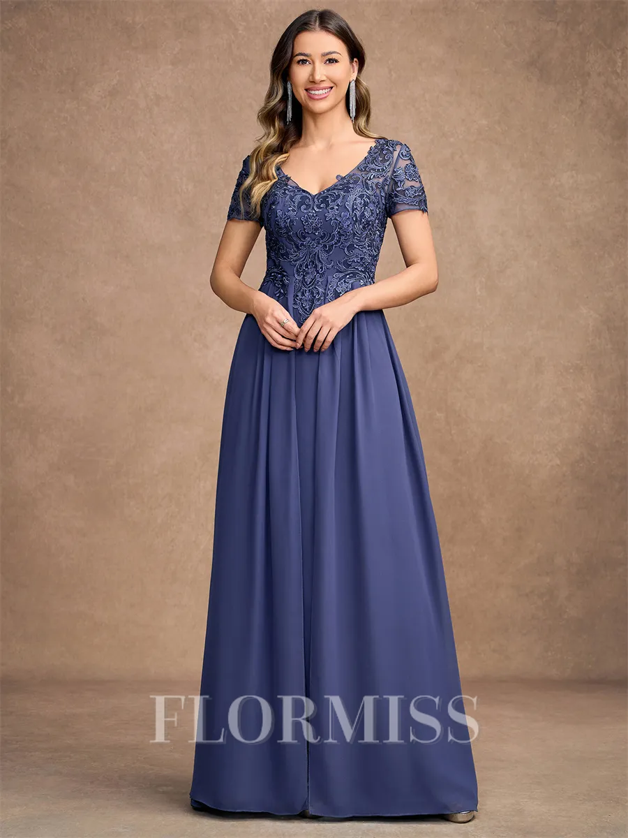A-Line/Princess Chiffon Applique V-neck Short Sleeves Floor-Length Mother of the Bride Dresses