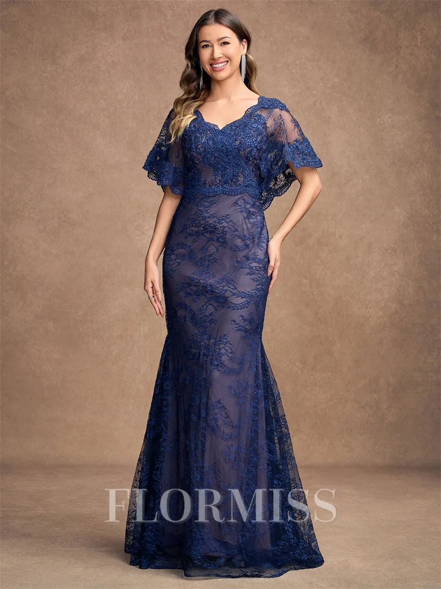 Sheath/Column Silk like Satin Lace V-neck Short Sleeves Floor-Length Mother of the Bride Dresses
