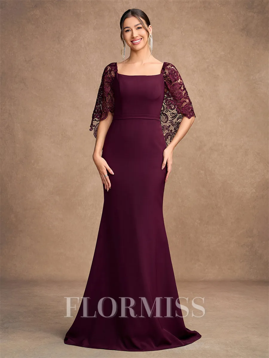 Sheath/Column Stretch Crepe Lace Square 1/2 Sleeves Sweep/Brush Train Mother of the Bride Dresses
