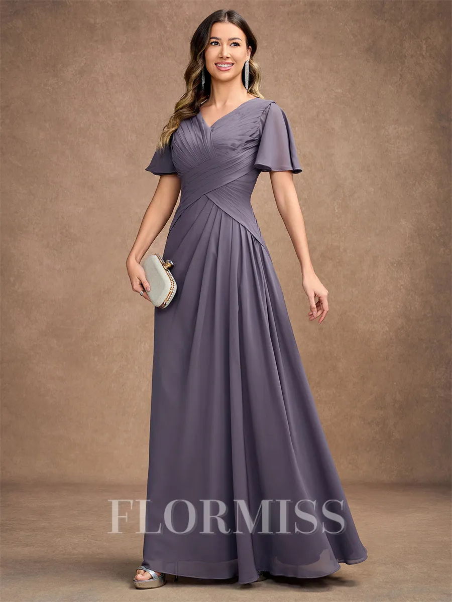 A-Line/Princess Chiffon Ruched V-neck Short Sleeves Floor-Length Mother of the Bride Dresses