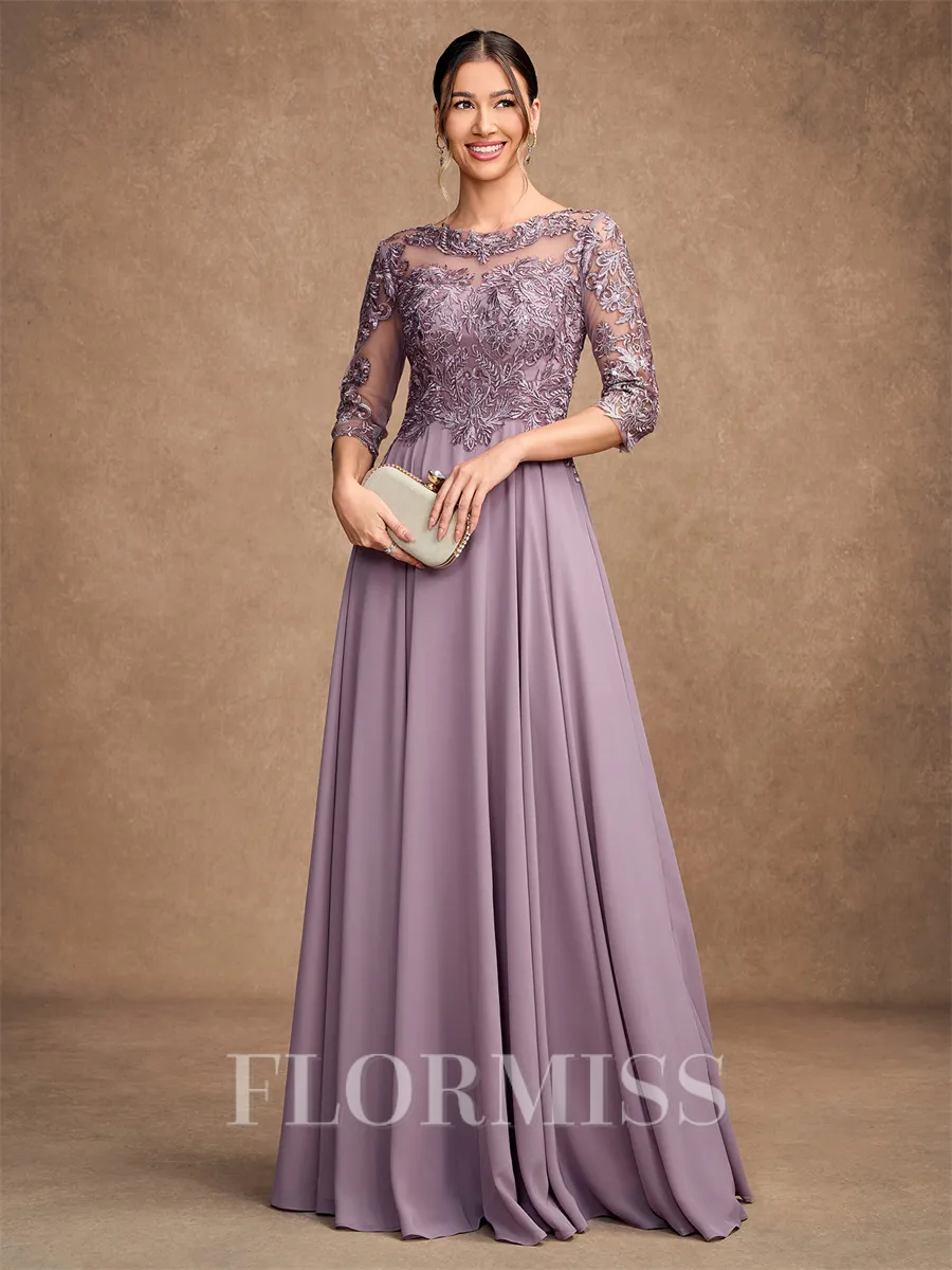 A-Line/Princess Chiffon Lace Scoop 3/4 Sleeves Floor-Length Mother of the Bride Dresses