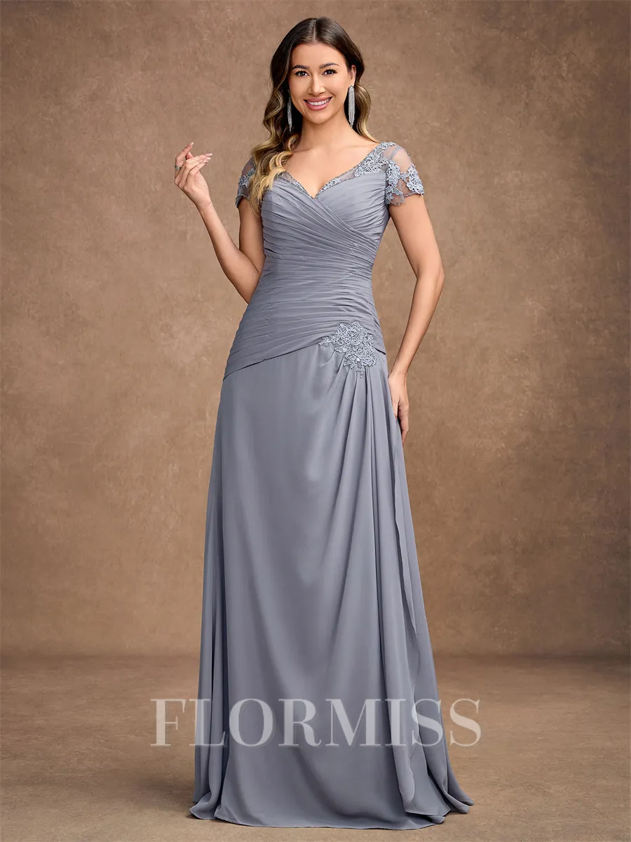 A-Line/Princess Chiffon Applique Sweetheart Short Sleeves Floor-Length Mother of the Bride Dresses
