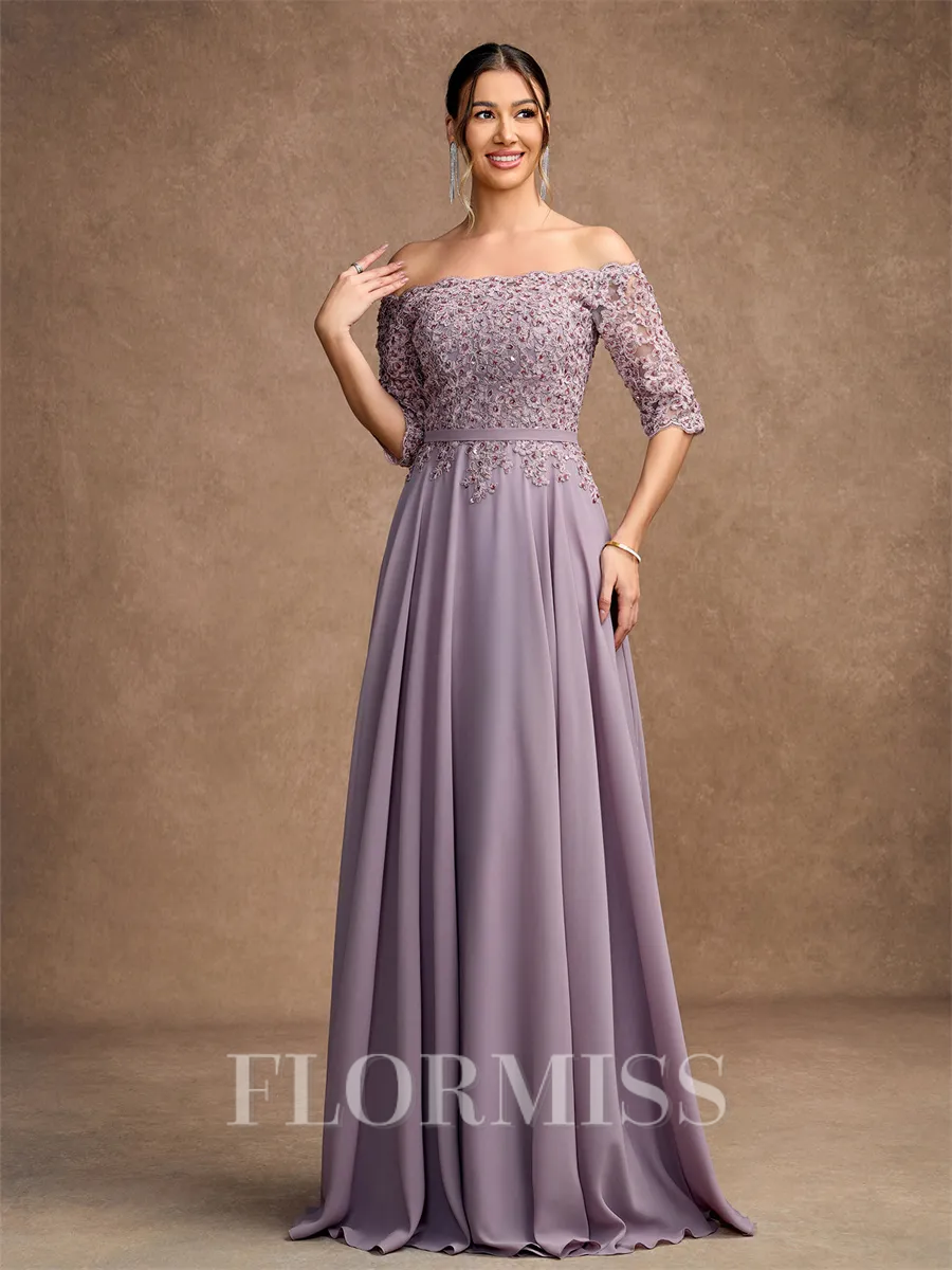 A-Line/Princess Chiffon Applique Off-the-Shoulder 3/4 Sleeves Floor-Length Mother of the Bride Dresses