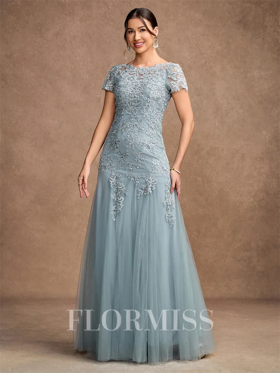 A-Line/Princess Tulle Lace Scoop Short Sleeves Floor-Length Mother of the Bride Dresses