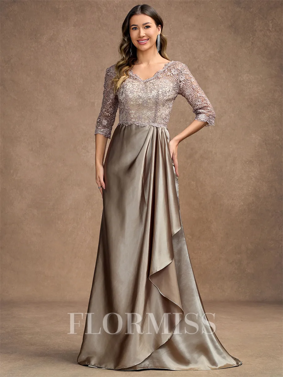 A-Line/Princess Satin Lace V-neck 3/4 Sleeves Sweep/Brush Train Mother of the Bride Dresses