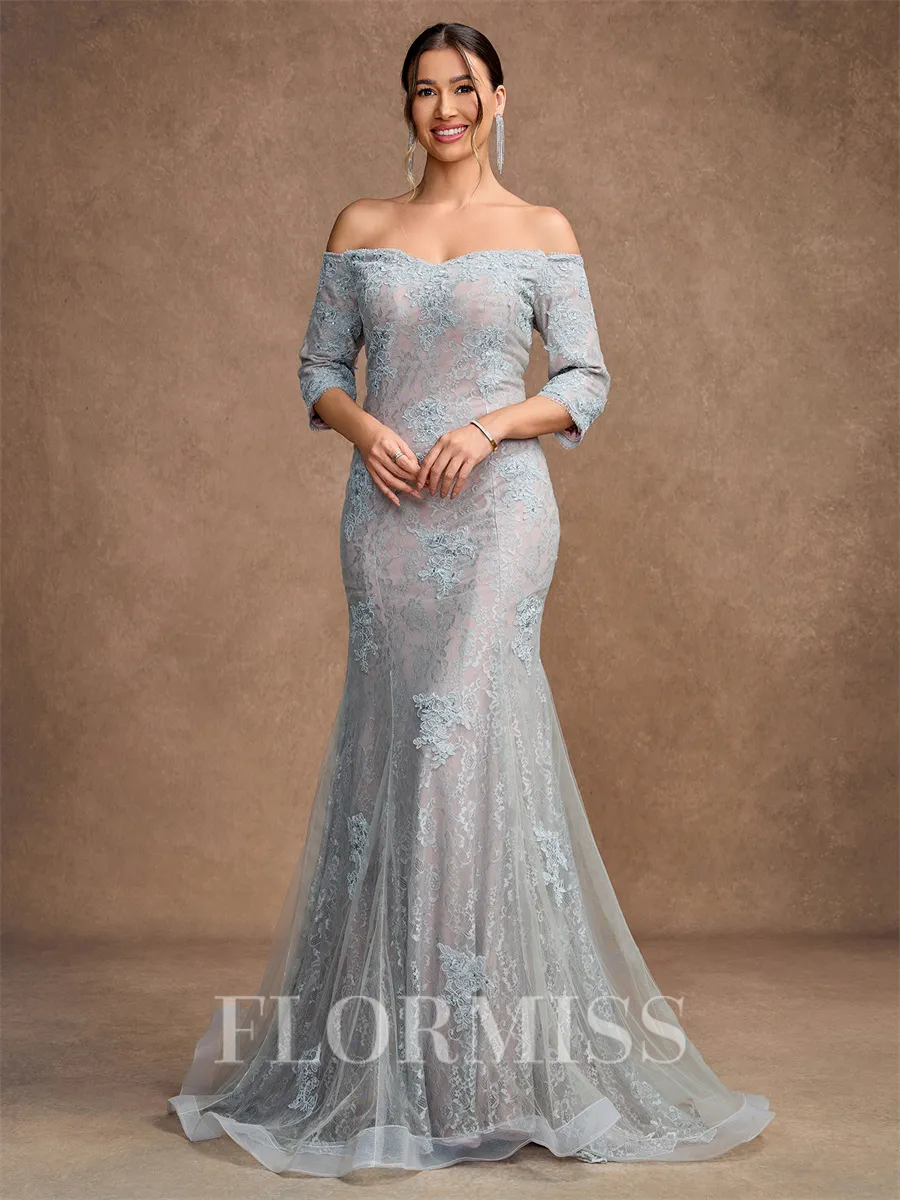 Sheath/Column Lace Applique Off-the-Shoulder 3/4 Sleeves Sweep/Brush Train Mother of the Bride Dresses