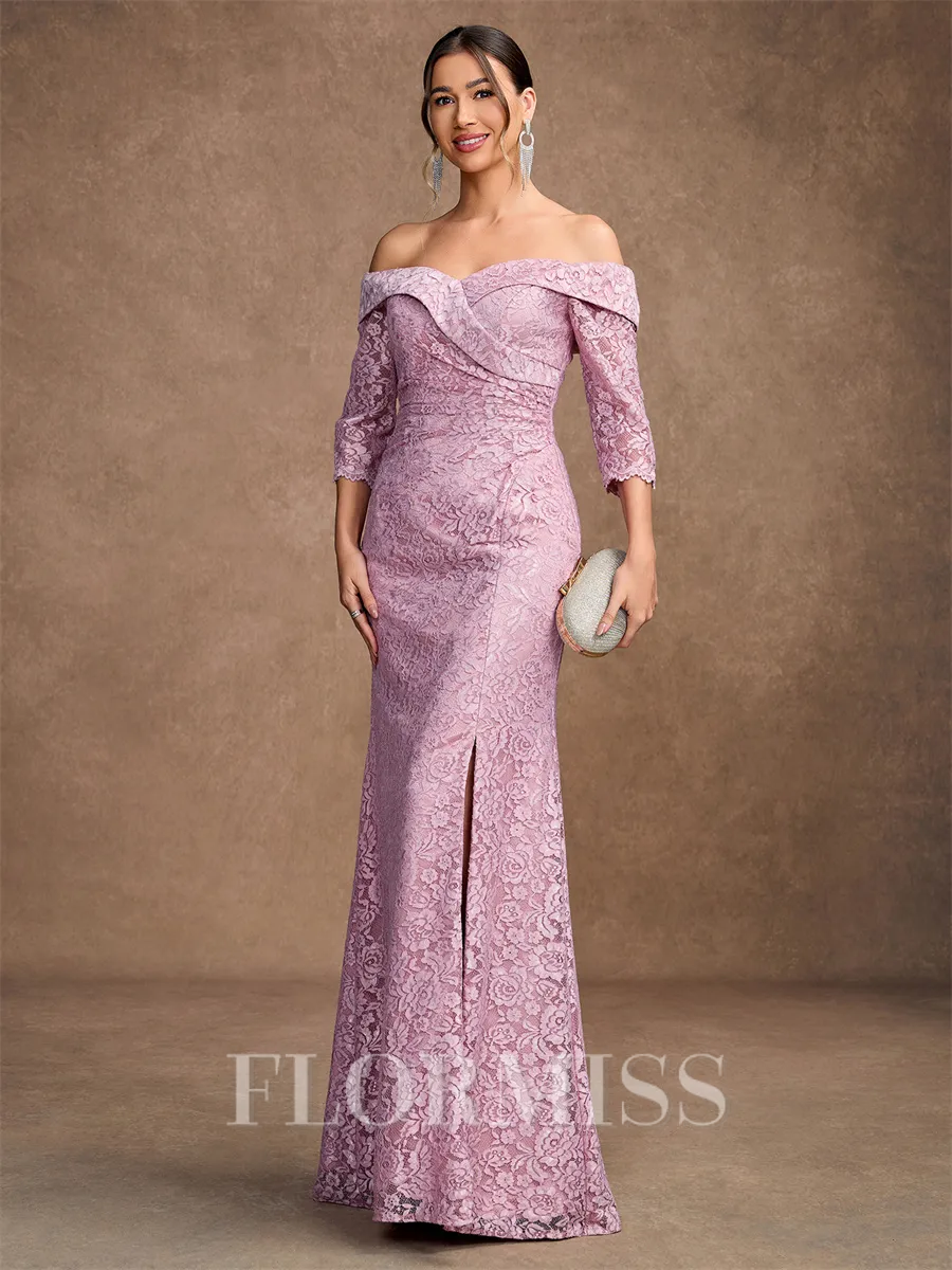 Sheath/Column Satin Lace Off-the-Shoulder 3/4 Sleeves Floor-Length Mother of the Bride Dresses