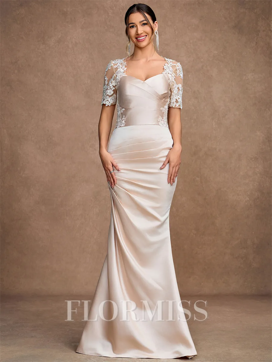 Sheath/Column Satin Lace Sweetheart Short Sleeves Floor-Length Mother of the Bride Dresses