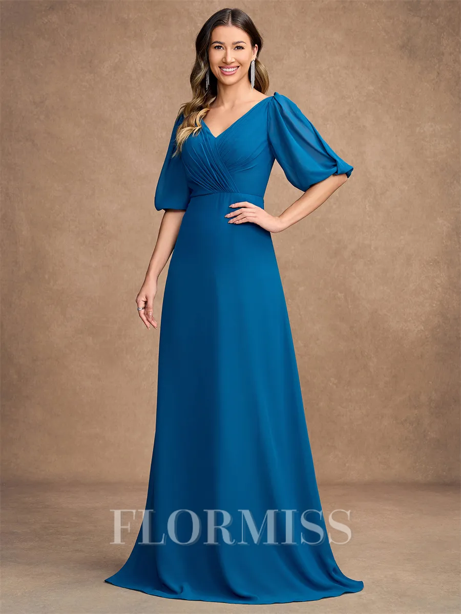 A-Line/Princess Chiffon Ruched V-neck 1/2 Sleeves Floor-Length Mother of the Bride Dresses