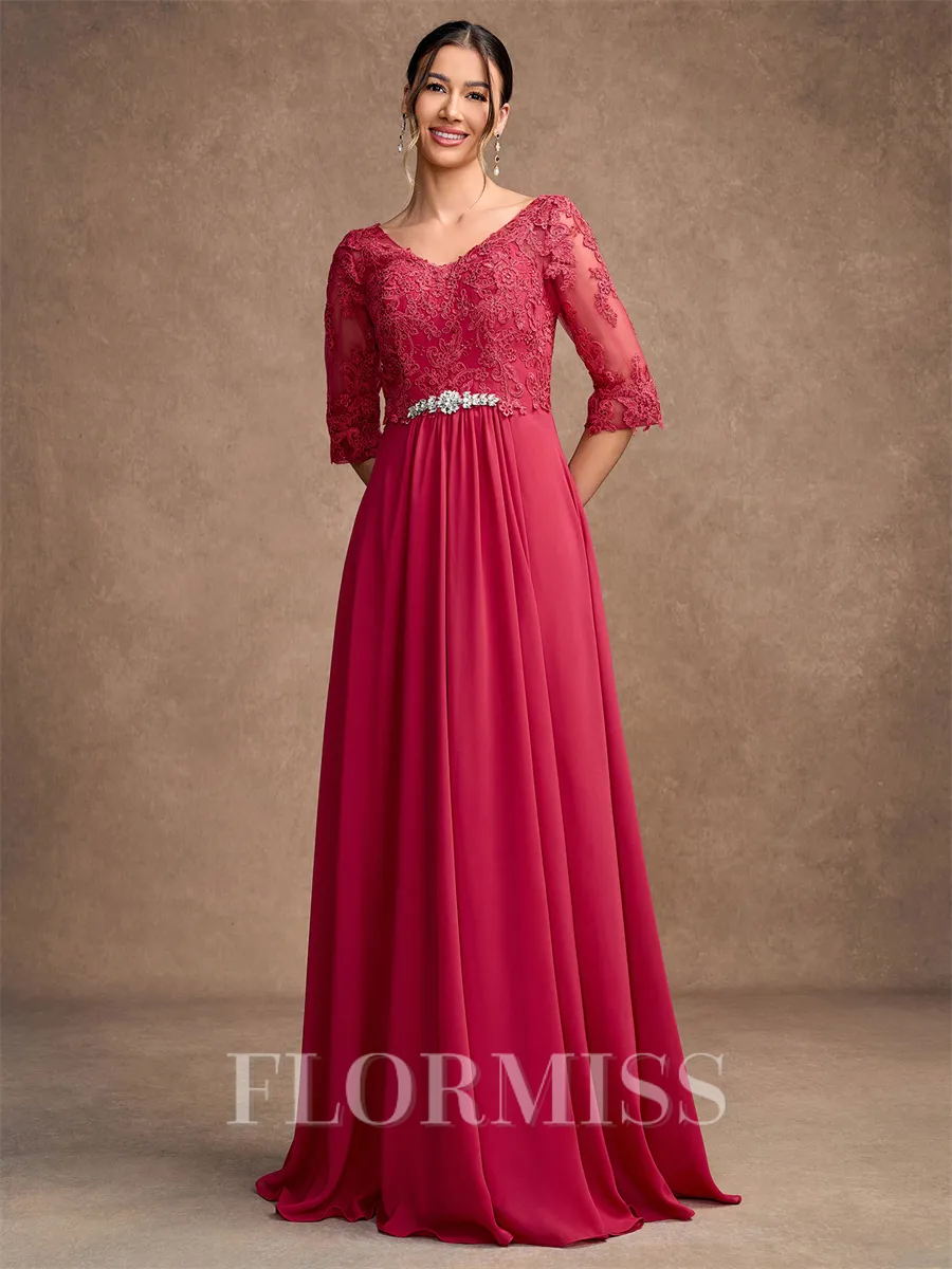 A-Line/Princess Chiffon Lace V-neck 3/4 Sleeves Floor-Length Mother of the Bride Dresses