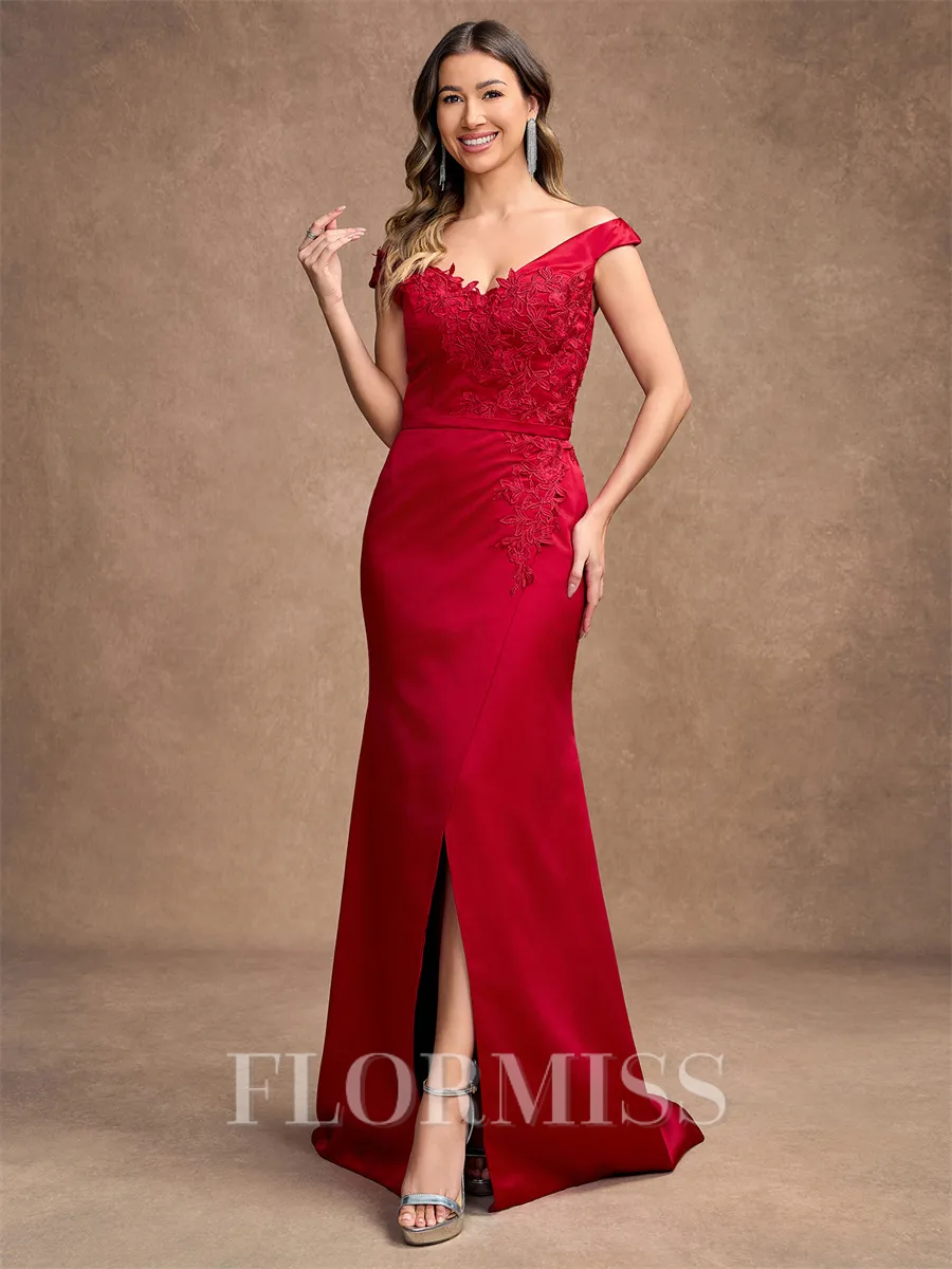Sheath/Column Satin Applique Off-the-Shoulder Sleeveless Sweep/Brush Train Mother of the Bride Dresses