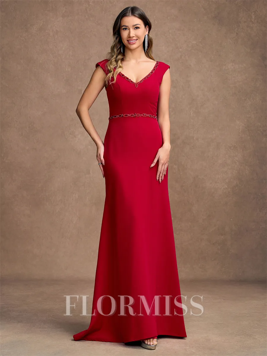 Sheath/Column Stretch Crepe Beading V-neck Sleeveless Floor-Length Mother of the Bride Dresses